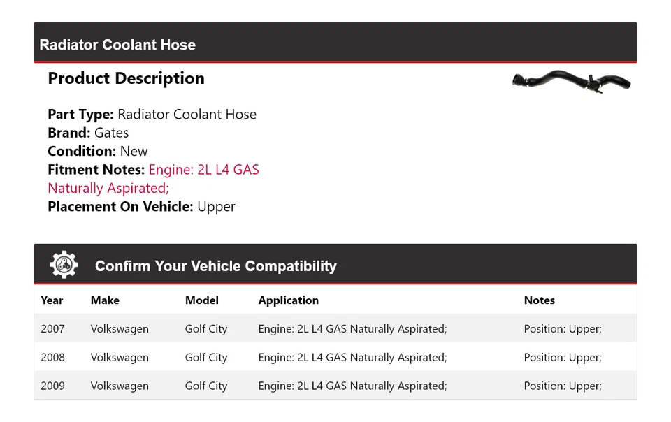 Manguera de refrigerante de radiador para Volkswagen Golf City 2007-2009 puertas superiores 2008 Foto 2 de 3