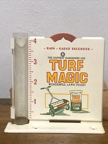 Vintage Turf Magic Lawn Plant Food Spreader Rain Gauge Recorder Metal & Glass