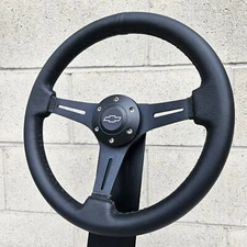 14 inch (350mm) Brushed Black Steering Wheel Licensed Chevy Horn -Black Leather