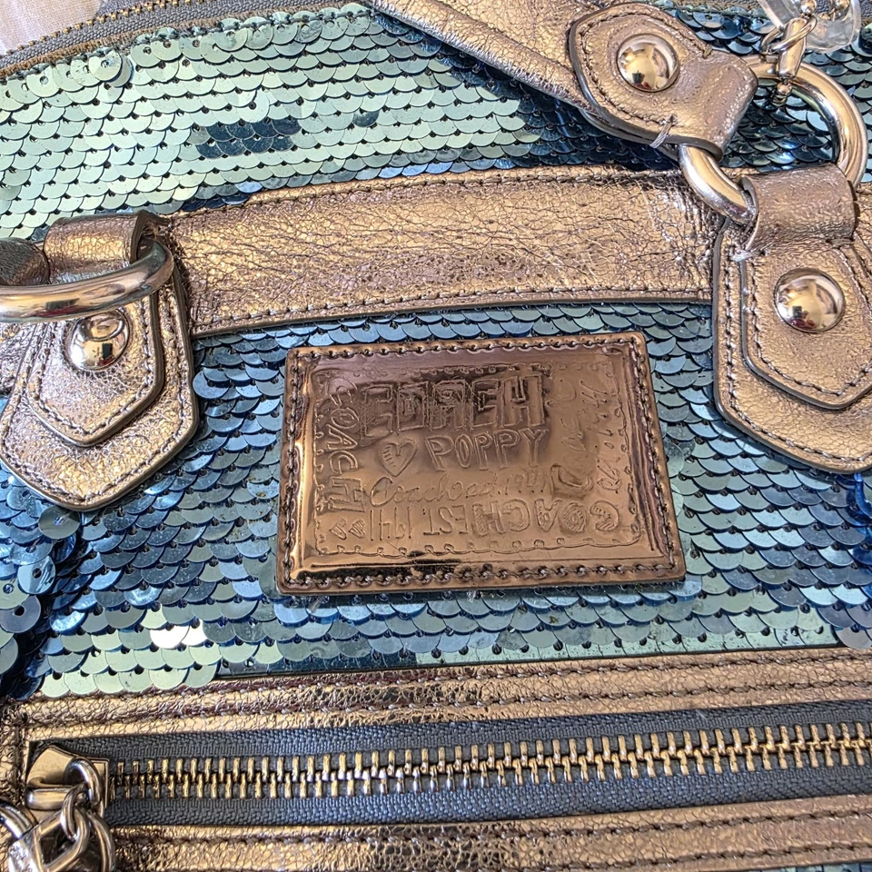 Coach POPPY Y2K Limited Edition Turquoise Silver Sequin Tote Bag Rare - Image 3 of 4