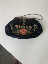 Vintage French Evening Purse Flower Design Black Satin Lining