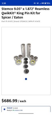 STEMCO 9.05'' x 1.872'' Reamless H147E King Pin Kit for Spicer ''Only One Side'' 