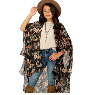 Mia Joy Joyfolie Avalon Duster Black Floral Youth Small Kimono Cardigan NWT
