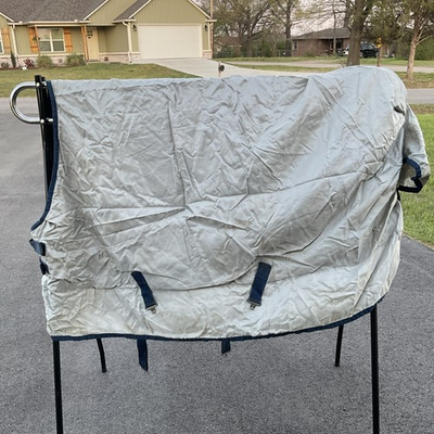 #ad Bucas Power Turnout Horse Blanket Gray with Navy and Red Accents 72” $85.00