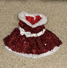 Build A Bear Red Sequin Christmas Holiday Dress With Faux Fur Collar Silk Ribbon