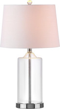 25" Clear Glass and Chrome LED Table Lamp, Modern Coastal Bedside Lamp with Whit