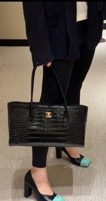 New 26S CHANEL Crocodile Croc Illusion Black Tote Shopping Bag