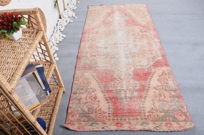 Vintage Turkish Rug, 3,2x7,2 ft Accent Rug, Beige Pink Floral Wool Rug