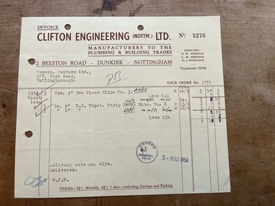 Rechnung Clifton Engineering Sanitärgebäude 1954
