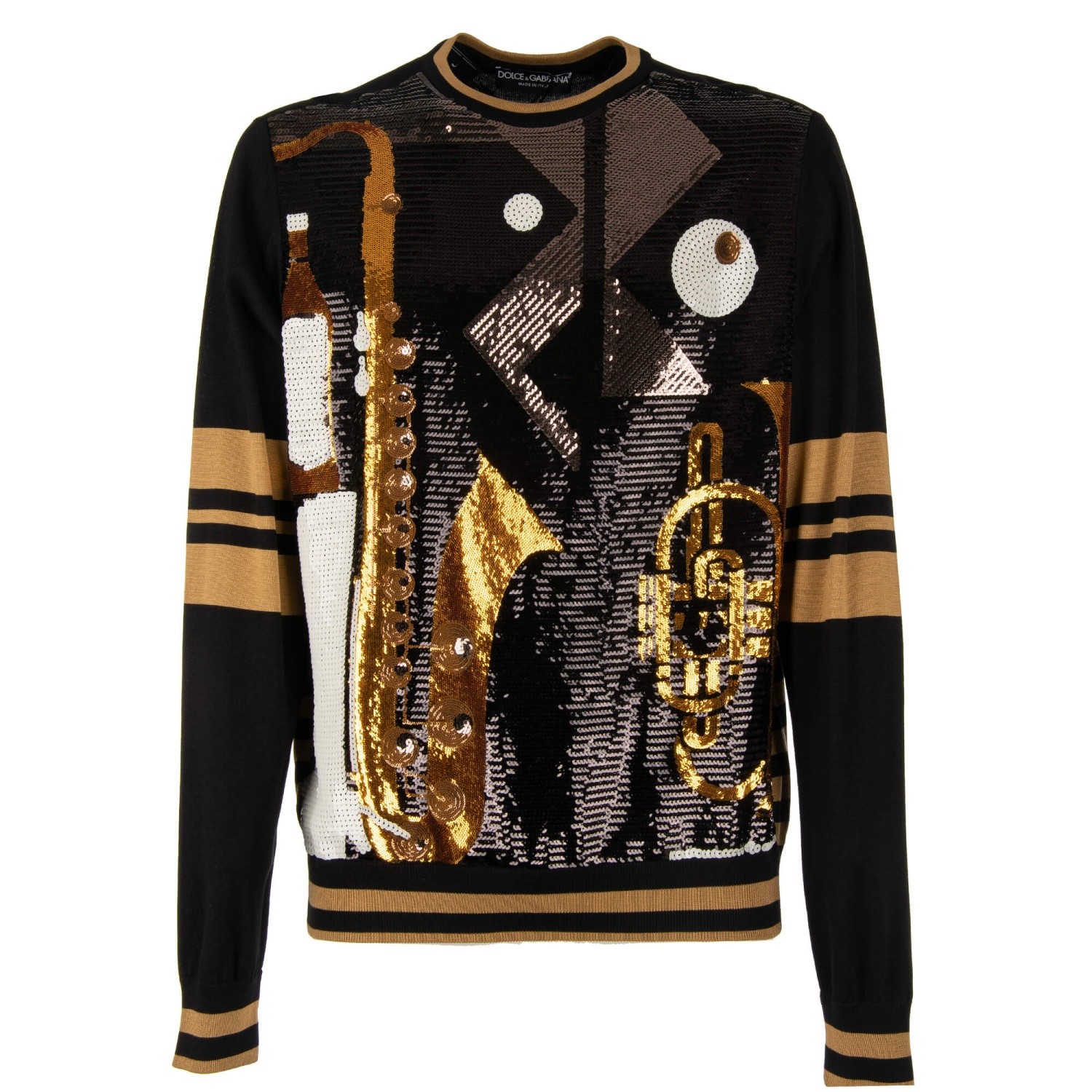DOLCE & GABBANA Handmade Sequins Embroidery Sweater Sweatshirt Black Gold