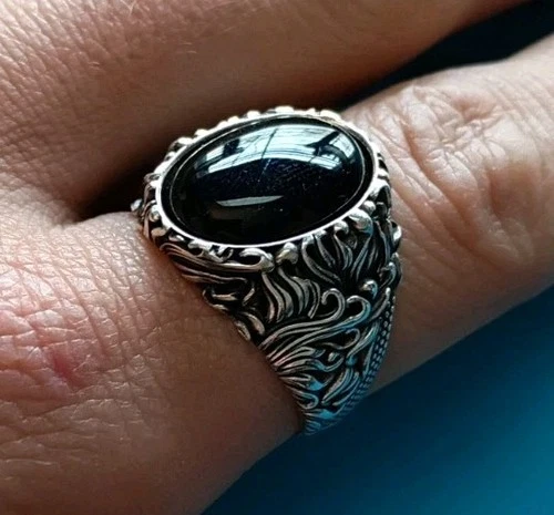 Gnarly Gothic Onyx Carved Sterling 925 Silver Mens Ring Size 13