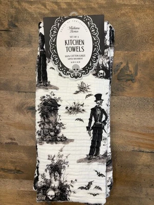 SUMMERWEEN Madame Bones Kitchen Towels (3) Skeleton in Graveyard Tombstone NWT - Image 1 of 4