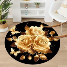 140cm 140cmElegant Golden Rose and Butterfly Round Area Mat - 0.47 Thick Plush F