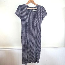 Women's Vintage Betsy's Things White Daisy Navy Polka Dot Form Fitting Dress