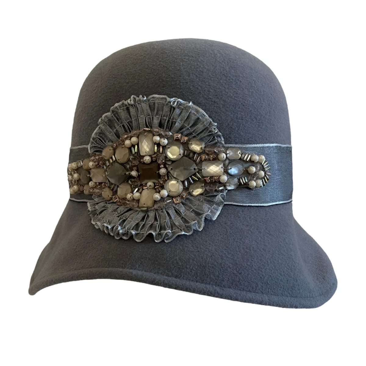 Louise Green Beaded Gray Felt Cloche Hat With Satin Band & Embellished Detailing Louise Green Women main image 4