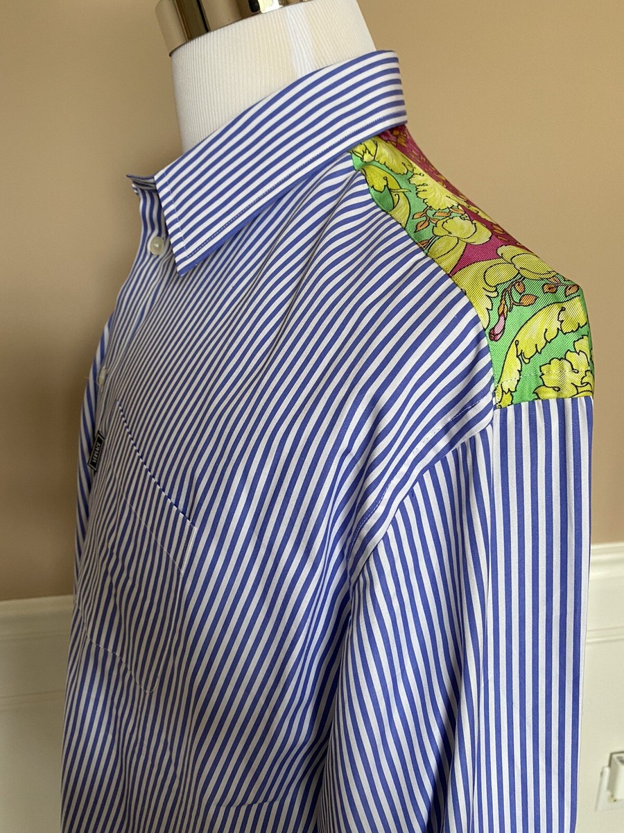 Versace Blue Stripe and Graphic Print Dress Shirt Size 41