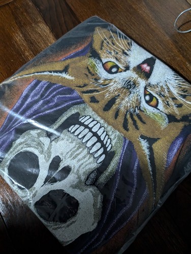 Men's Vintage T-shirt Vest Grim Reaper & Wild Cat DEADSTOCK Size Large Black - Picture 23 of 23