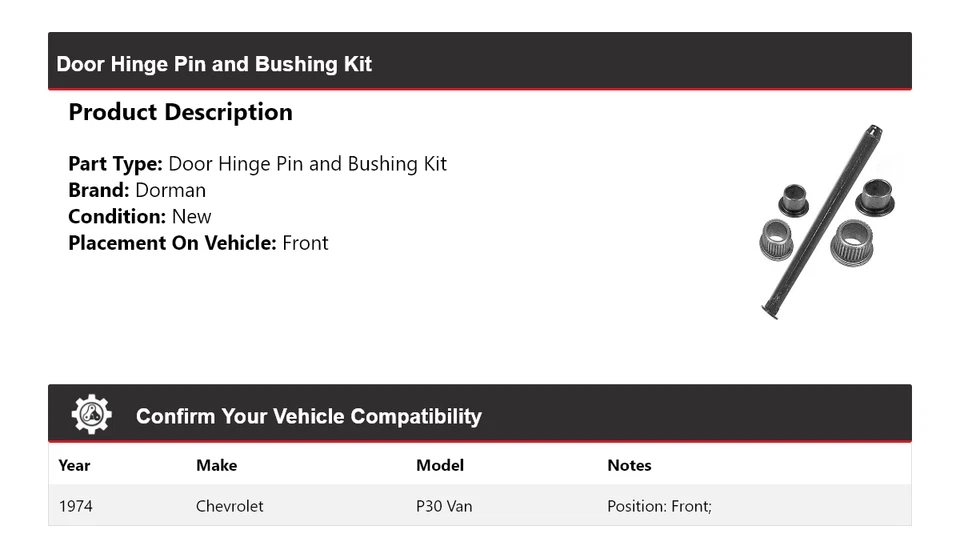 For 1974 Chevrolet P30 Van Dorman Door Hinge Pin and Bushing Kit Front - Image 2 of 4