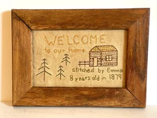 PRIMITIVE VINTAGE HAND MADE FOLK ART SAMPLER.    7 1/2" BY 9 1/2" WIDE