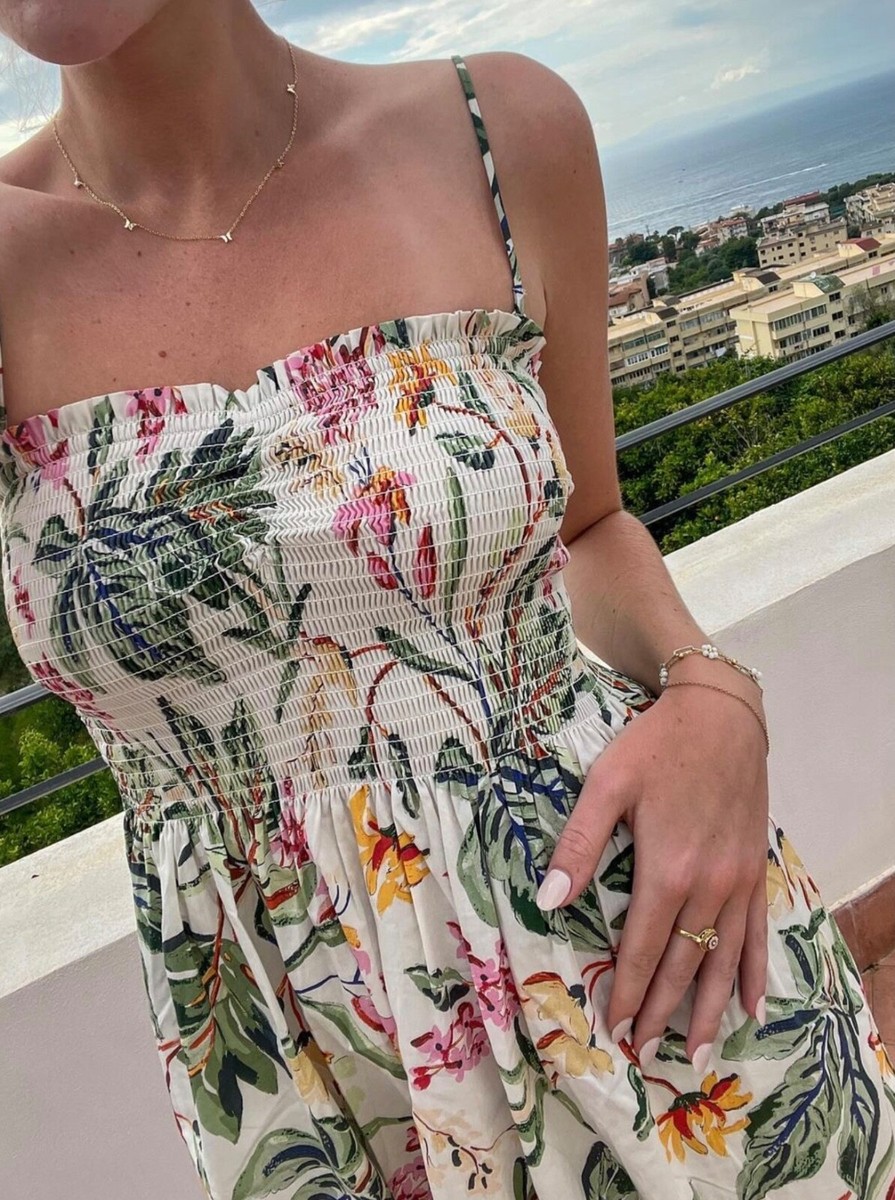 NWT H&M Cotton Smocked-bodice Midi Strappy Sundress White/Floral XS M L XL  XXL