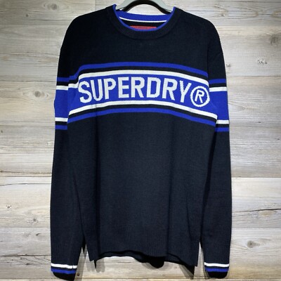 Superdry Crewneck Spellout Logo Sweater Jumper Arm Patch Black Men s Large EUC