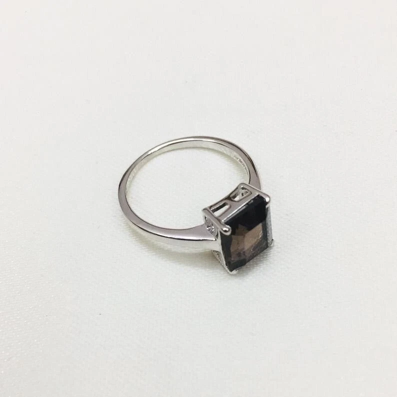 Anillo de piedras preciosas de cuarzo ahumado en forma de octágono para mujer anillo de plata 925 para ella Foto 2 de 4