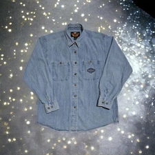 Harley Davidson Women's XL Shirt Blue Denim Button Down Long Sleeve Logo