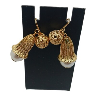 Vintage Goldtone Earrings Faux Pearls Shape Bell Open Bead Some Tarnish Ck Photo