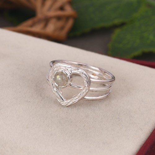 Unique Labradorite Round Cut Heart Design Ring 925 Silver Engagement Ring Gift - Picture 7 of 11