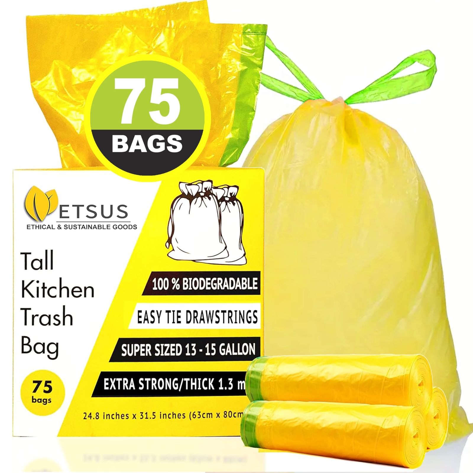 Biodegradable Trash Bags for 13 Gallon | 50 Liter Bin, Plant Based - 75 Count...