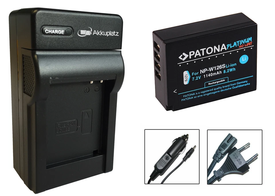 Batteria Patona NP-W126S + caricabatterie per pellicola Fuji X100F, X-T100, X-H1, X-M1, X-Pro2