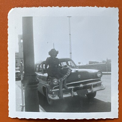VINTAGE PHOTO gorgeous woman sitting on hood classic car cheesecake pose 1950s