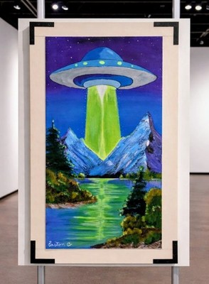 Original SciFi UFO Painting Acrylic Canvas Alien Wall Art 12x24
