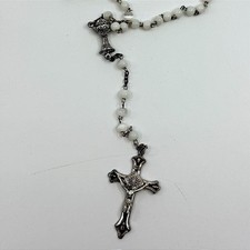 Vintage White Bead Catholic Rosary Silver Tone Crucifix Prayer Devotional Item