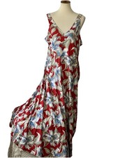 Chaps XL Maxi Dress Red Floral Lily 100% Cotton V-Neck Slvless NWOT Summer
