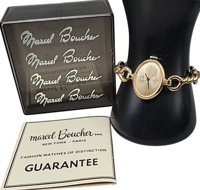 Marcel Boucher Ladies Wind Watch 7'' 35mm Dial Vintage w/Box & Papers Gold Tone