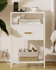 White Nightstand with Charging Station, Fluted Side Table with Drawer, Modern...