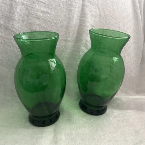Set of 2 Vintage Anchor Hocking COOLIDGE Forest Green Glass Vases