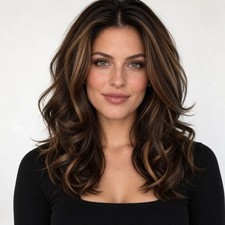 Human Hair New Fashion Layered Long Natural Brown Wavy Women's Wigs 14in