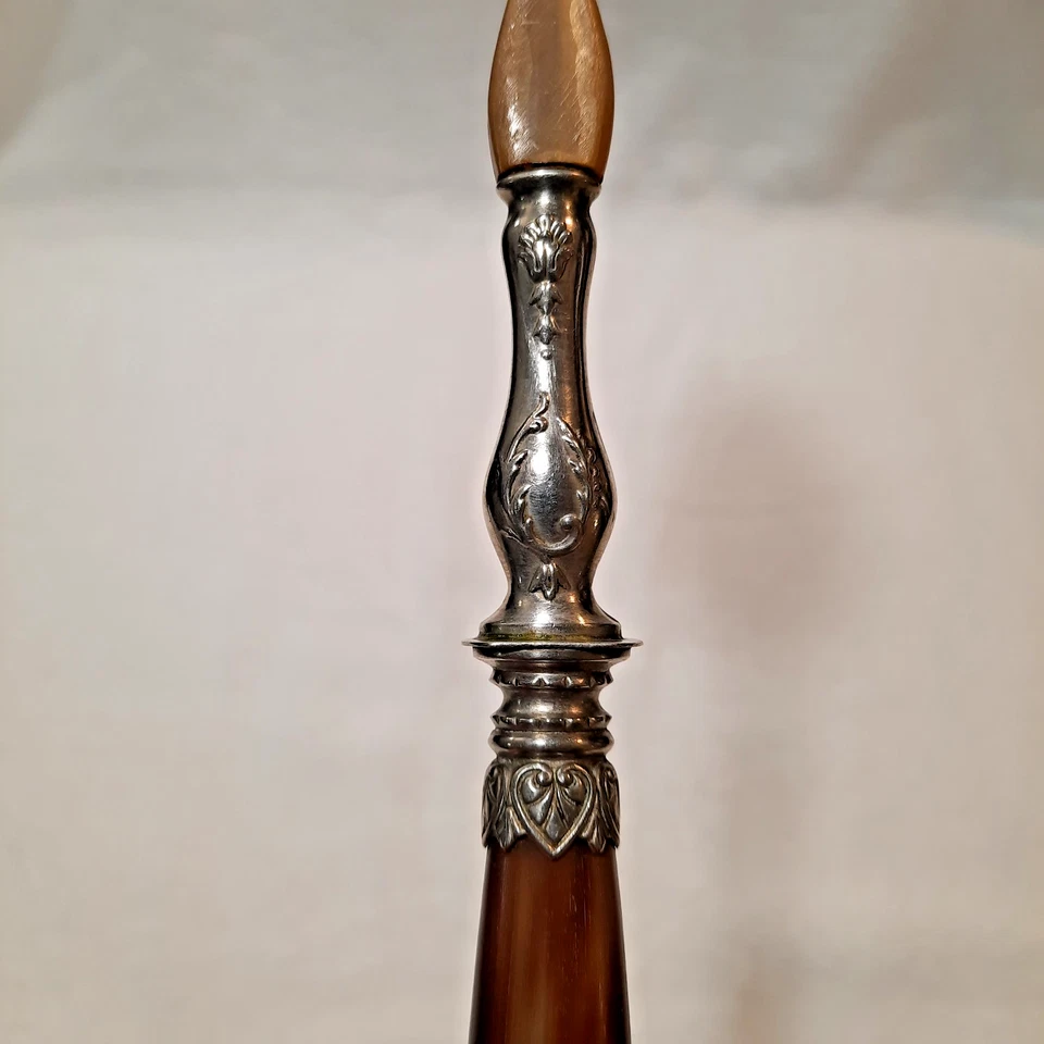 Antique French Horn & Silver Salad Serving Set Spoon and Fork Hand Made 11.25"L - Image 4 of 4