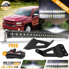50" Curved LED Light Bar+ Roof Windshield Mount Bracket+Wire For 07-14 Chevy GMC