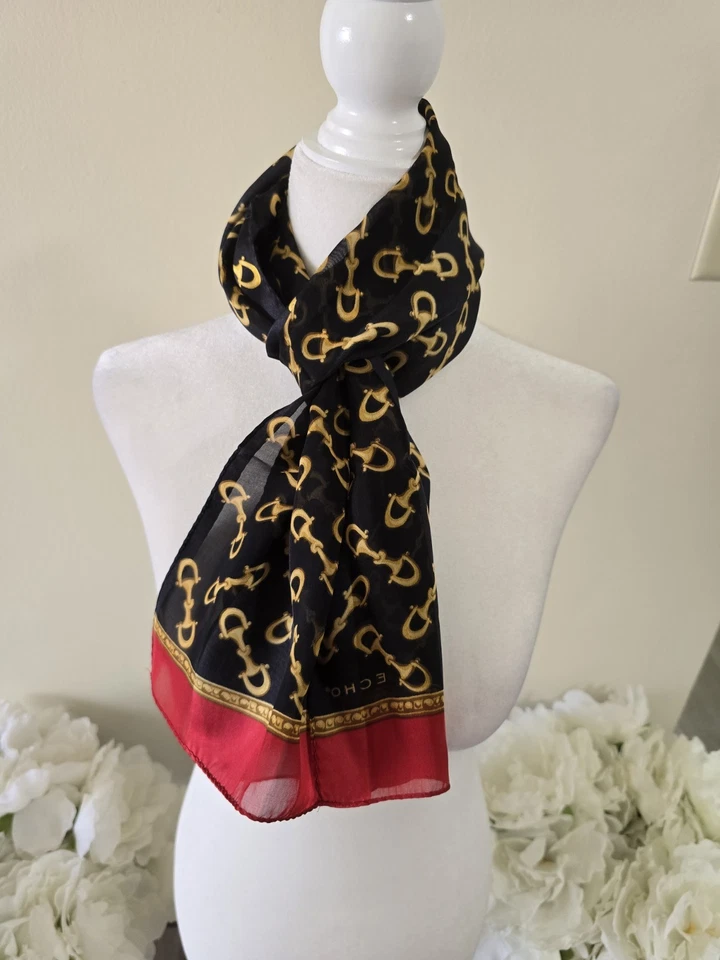 Echo 100% Silk Scarf Chain Print Oblong Baroque Elegant Timeless Quiet Luxury  - Image 4 of 4