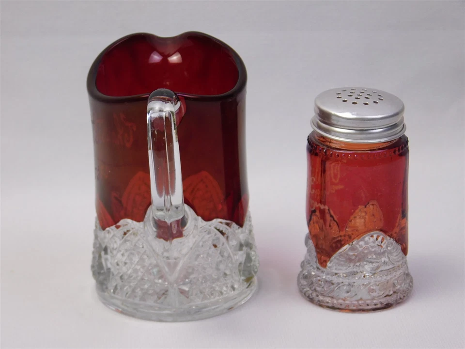 Antique Ruby Stained EAPG Glass Creamer Pitcher 1953 & Salt Shaker 1918 - Image 4 of 4