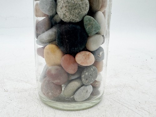 VINTAGE GLASS BOTTLE WITH CORK STOPPER FILLED WITH MIXED COLOURED PEBBLES - Picture 3 of 8