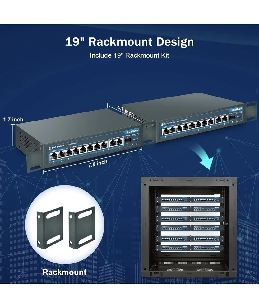 Switch Gigabit PoE 11 Porte YUANLEY - 8 PoE+ 1000 Mbps, 2 Uplink + 1 SFP - Immagine 4 di 4