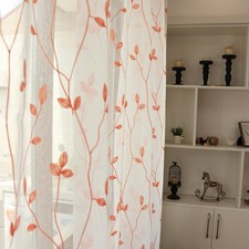 2 Panels Pink Embroidered Leaves Sheer Curtain Faux Linen Semi Sheer Voile Wi...