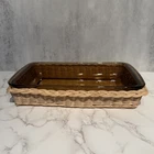 Vintage Pyrex 232-N Amber Baking Dish 13x9 w/ Original Wicker Basket Carrier m