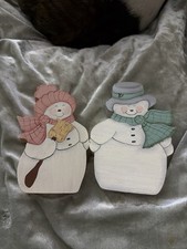 Handmade Painted Wooden Snowman Figurines Set Vintage Christmas Decor
