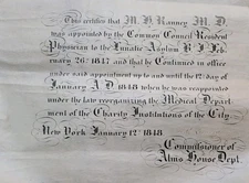 1848 Blackwell Island Lunatic Asylum Resident Physician Appointment Manuscript