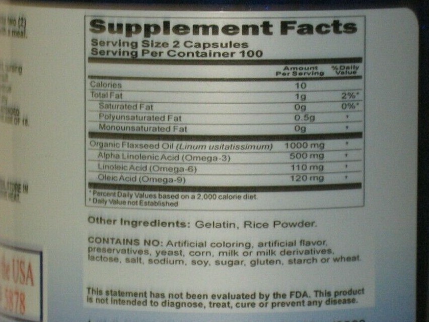 Organic Flaxseed Oil 1000 mg 200  Capsules Omega 3, 6, 9 Fresh! 